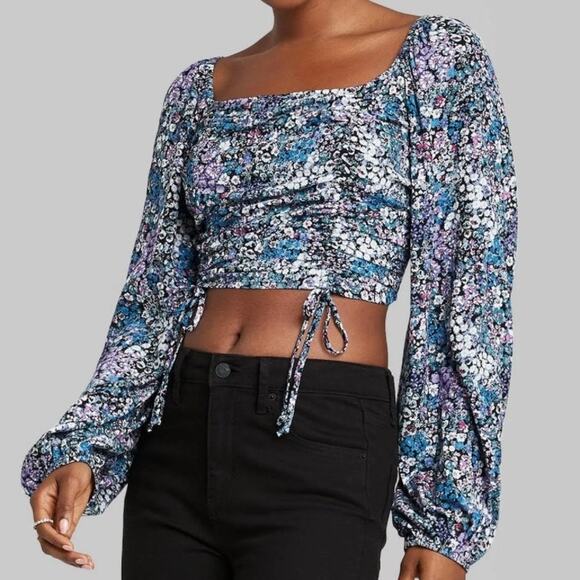 NWT Wild Fable Cropped Floral Bishop Sleeve Top Size XS - Picture 3 of 14